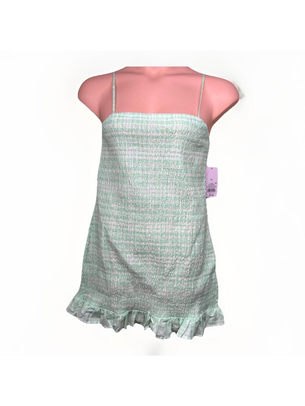 Wild Fable XL Green White Striped Cotton Smocked Mini Dress Neck Ruffle Coquette